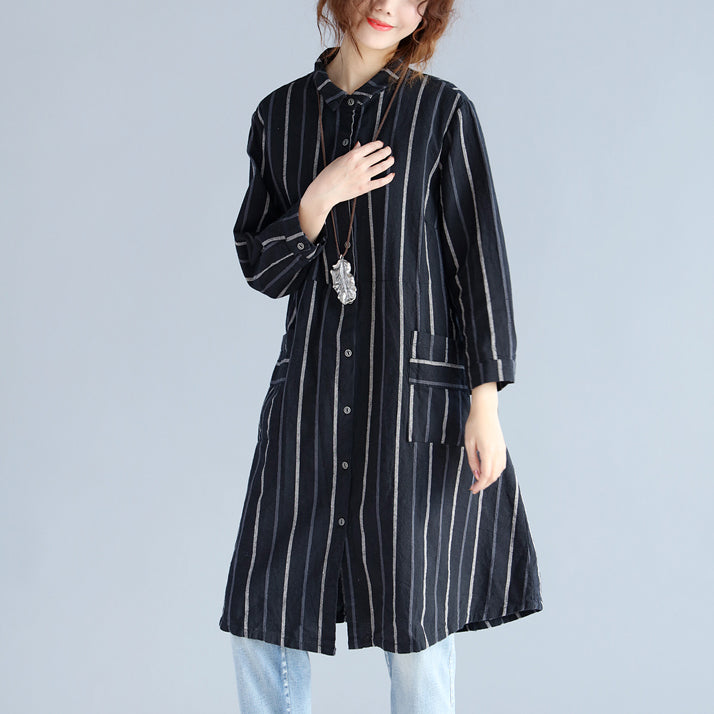 fashion black striped pure cotton linen dress New long sleeve pockets Turn-down Collar knee dresses