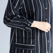 fashion black striped pure cotton linen dress New long sleeve pockets Turn-down Collar knee dresses