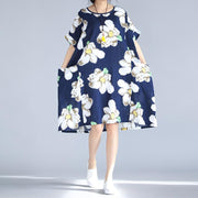 fashion blue floral natural linen dress trendy plus size traveling dress 2018 big pockets short sleeve linen clothing dresses