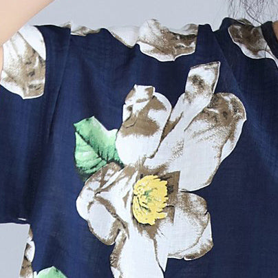 Mode blaues Blumenkleid aus Naturleinen trendy plus Größe Reisekleid 2018 große Taschen Kurzarm Leinenkleidung Kleider