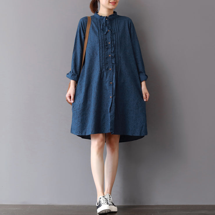 fashion blue linen shift dresses Loose fitting traveling shirt dress 2018 ruffles collar cotton clothing