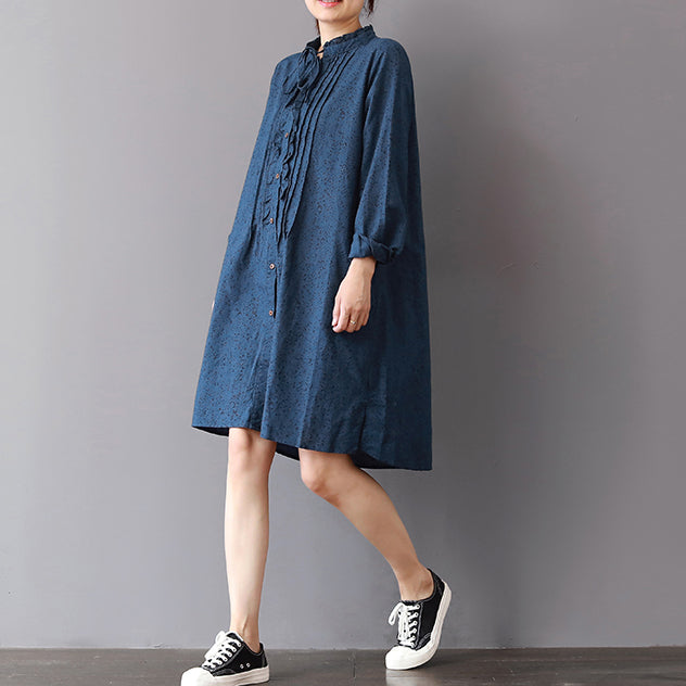 Mode blau Leinen Etuikleider Locker sitzendes reisendes Hemdkleid 2018 Rüschenkragen Baumwollkleidung