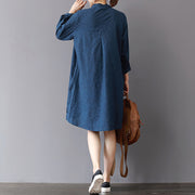 Mode blau Leinen Etuikleider Locker sitzendes reisendes Hemdkleid 2018 Rüschenkragen Baumwollkleidung