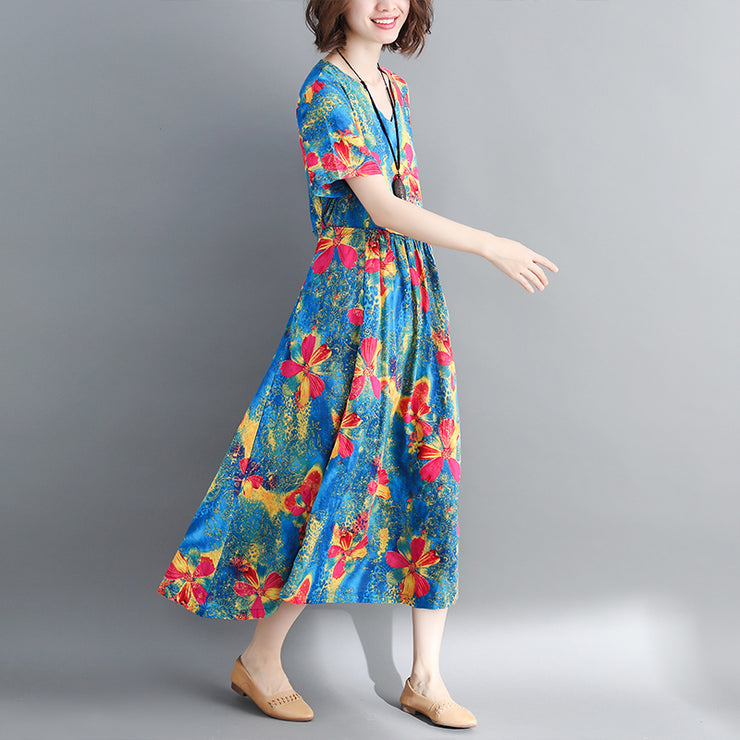 modisches blaues langes Baumwoll-Leinen-Kleid mit übergroßem Druck Cinched-Kleider Feines Baumwoll-Leinen-Kleid mit V-Ausschnitt und Kordelzug