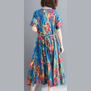 fashion blue long cotton linen dress oversized print Cinched dresses Fine drawstring v neck cotton linen dress