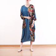 fashion blue natural chiffon dress casual patchwork prints caftans fine silk o neck maxi dresses