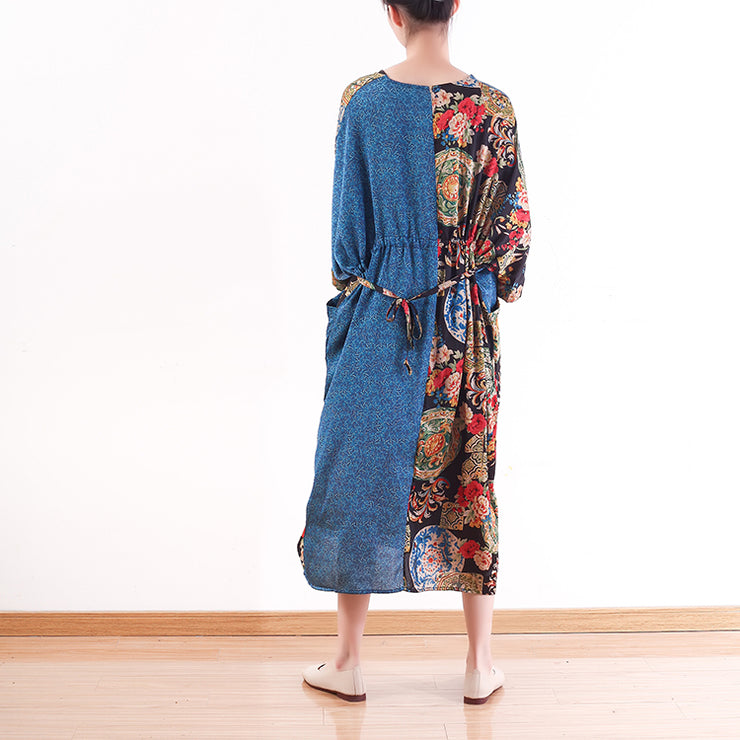fashion blue natural chiffon dress casual patchwork prints caftans fine silk o neck maxi dresses
