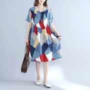 fashion blue patchwork Midi cotton dresses plus size holiday dresses Elegant o neck short sleeve midi dress