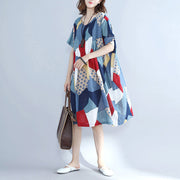 Mode blaue Patchwork-Midi-Baumwollkleider Urlaubskleider in Übergröße Elegantes Kurzarm-Midikleid mit O-Ausschnitt