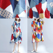fashion blue patchwork Midi cotton dresses plus size holiday dresses Elegant o neck short sleeve midi dress