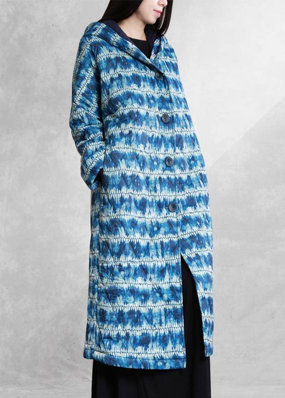 fashion blue print parka Loose fitting down hooded Button outwear - SooLinen