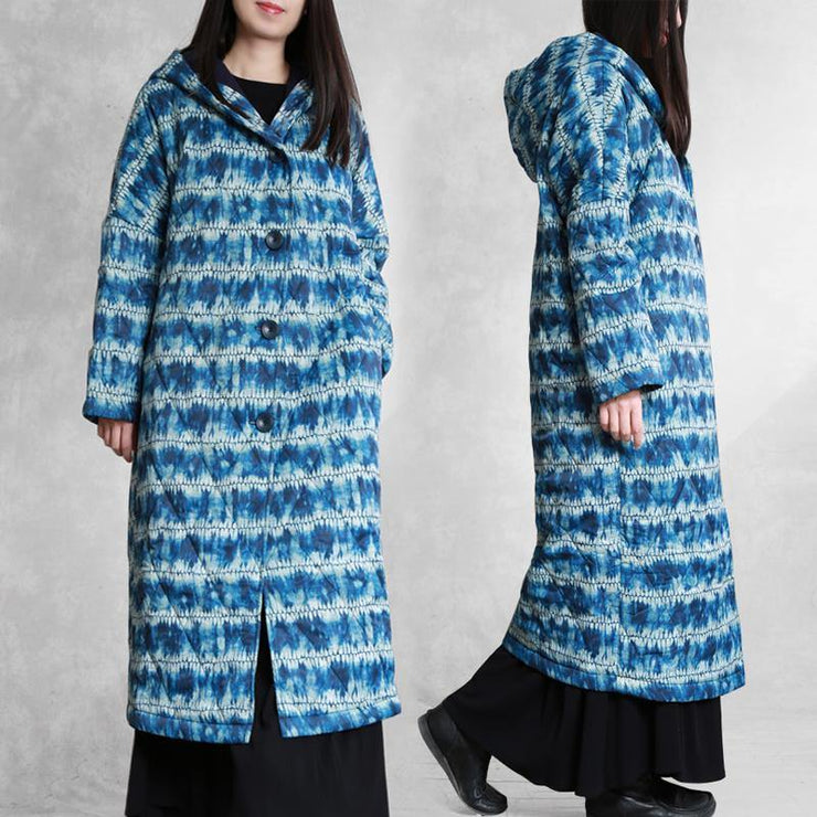 fashion blue print parka Loose fitting down hooded Button outwear - SooLinen
