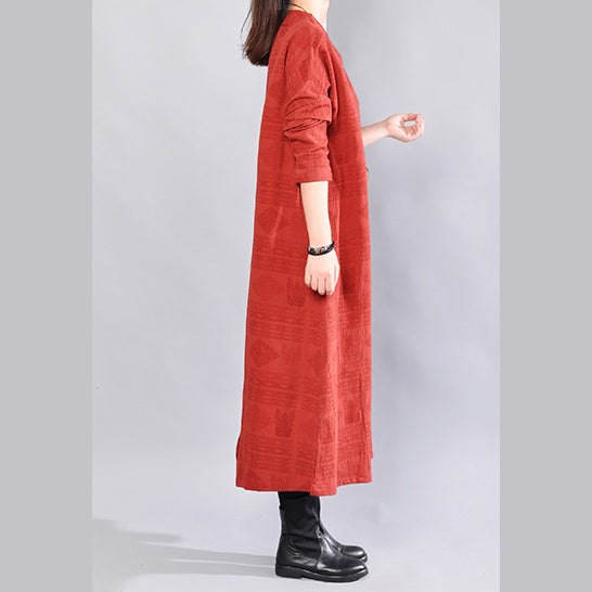 Mode Burgund Midi-Länge Leinenkleid Oversize-Leinenkleidungskleider Elegantes Leinenkleidungskleid mit offenem V-Ausschnitt auf der Rückseite