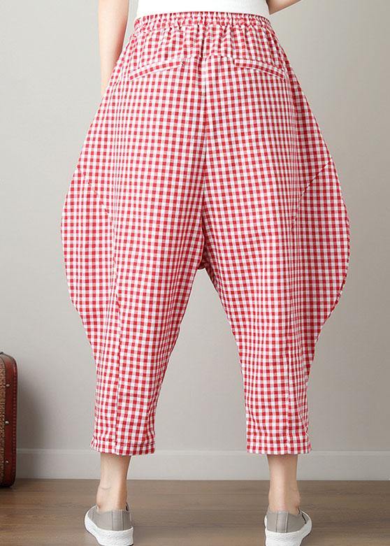 fashion casual red plaid cotton crop pants loose elastic waist pants - SooLinen