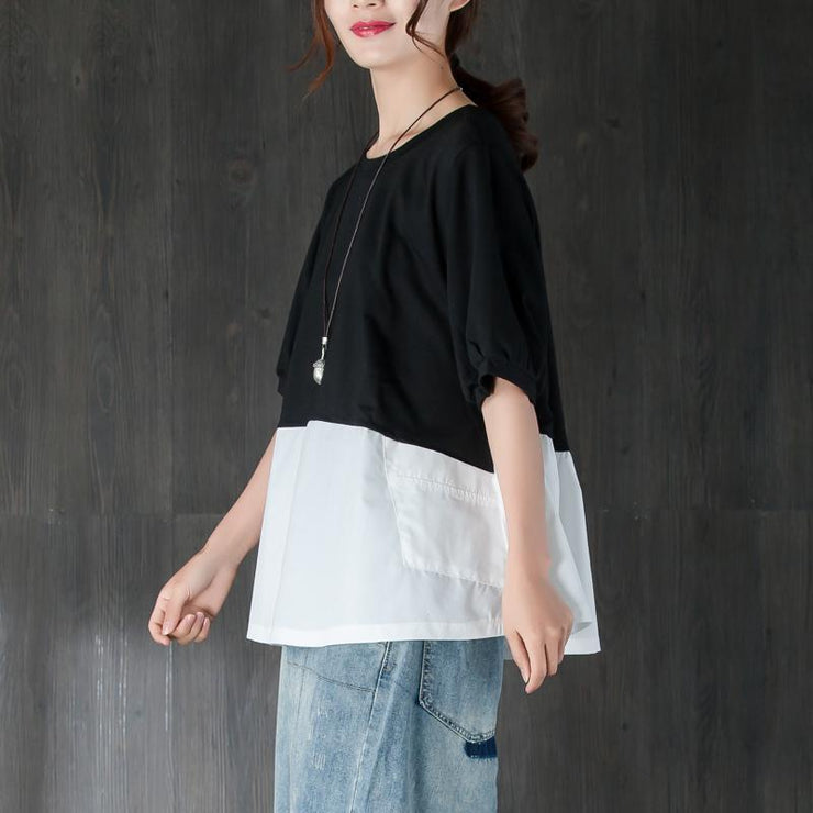 fashion cotton summer top plus size clothing Short Sleeve Splicing Black And White Cotton Tops