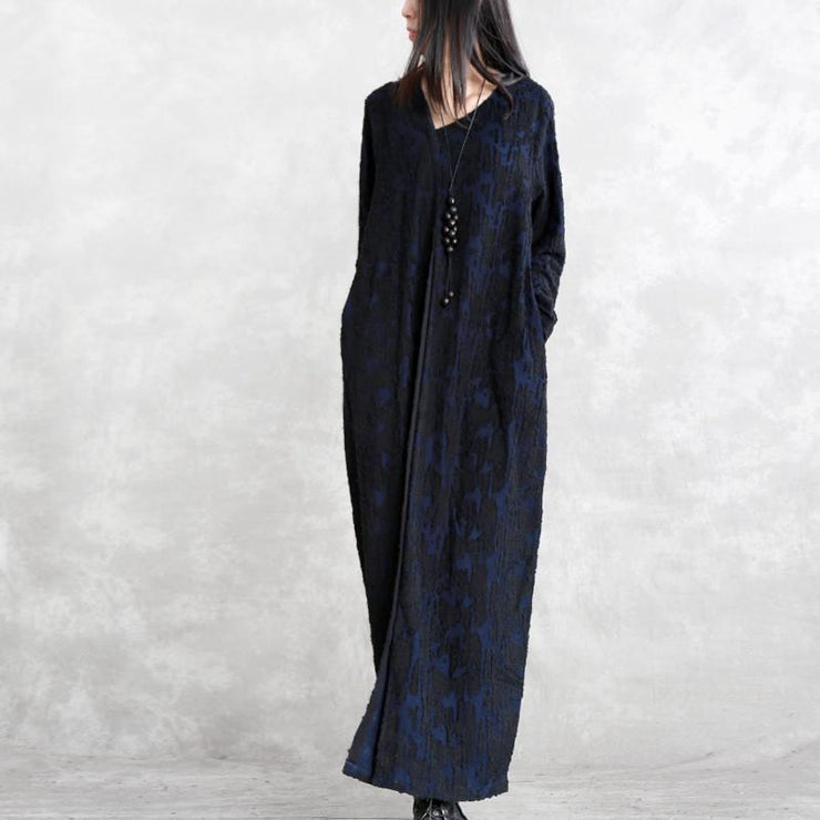 fashion dark blue Jacquard cotton blended dresses plus size V neck asymmetric linen clothing dress casual long sleeve baggy dresses