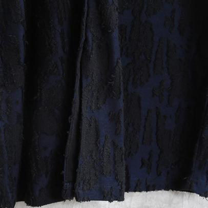 fashion dark blue Jacquard cotton blended dresses plus size V neck asymmetric linen clothing dress casual long sleeve baggy dresses