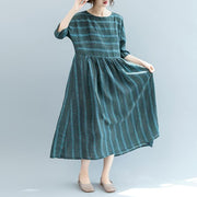 fashion dull green striped natural linen dress oversized o neck baggy dresses linen clothing dress boutique short sleeve pockets gown