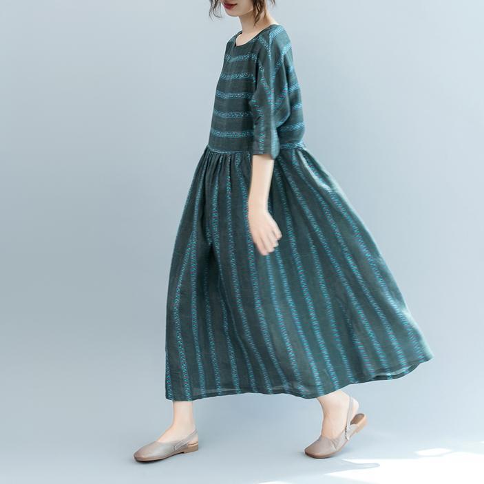 fashion dull green striped natural linen dress oversized o neck baggy dresses linen clothing dress boutique short sleeve pockets gown