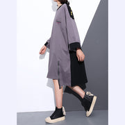 Mode grau Midi-Baumwollkleid plus Größenkleidung Herbstkleid mit Reißverschluss Baggy Vintage O-Ausschnitt Baumwollkleider
