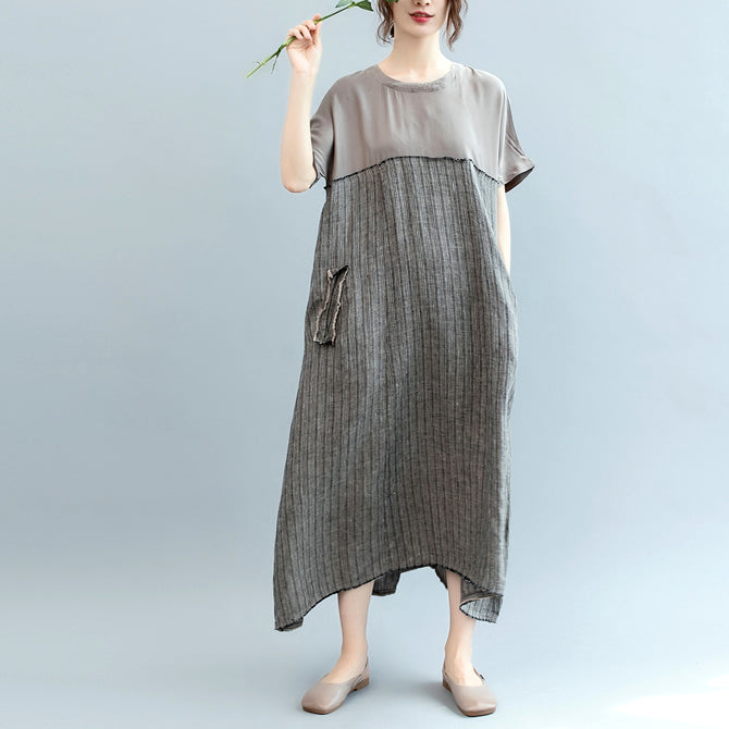 fashion gray natural linen dress oversize o neck patchwork linen clothing dresses women short sleeve baggy dresses