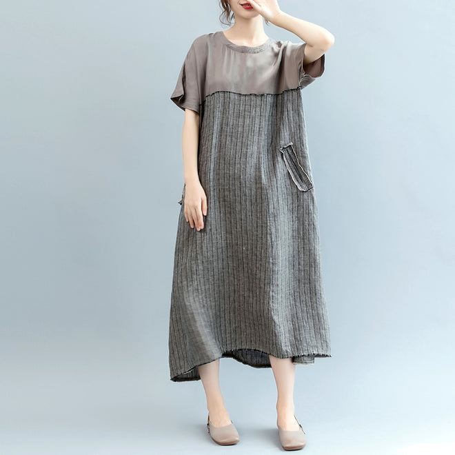 fashion gray natural linen dress oversize o neck patchwork linen clothing dresses women short sleeve baggy dresses