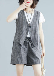 fashion gray striped two pieces women sleeveless tops and casual shorts - SooLinen