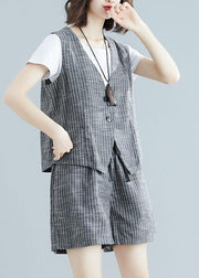 fashion gray striped two pieces women sleeveless tops and casual shorts - SooLinen