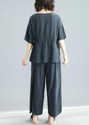 fashion gray two pieces drawstring short sleeve tops and elastic waist pants - SooLinen
