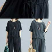 fashion gray two pieces drawstring short sleeve tops and elastic waist pants - SooLinen