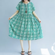 fashion green Midi chiffon dresses trendy plus size holiday dresses Fine short sleeve floral o neck dresses