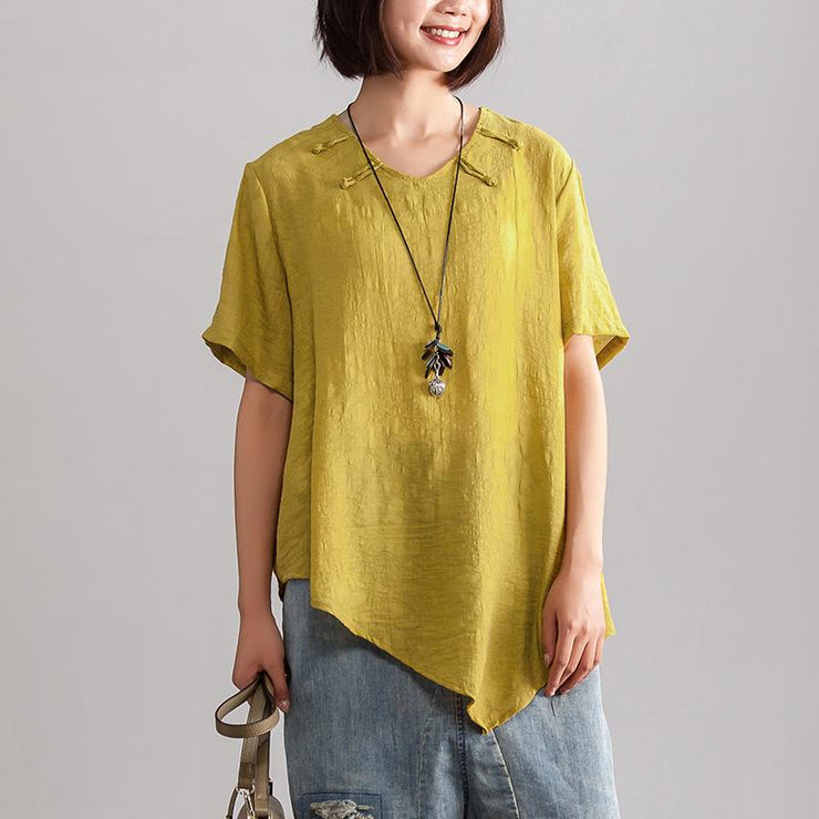 Mode-Bluse aus Leinengemisch, Übergröße, unregelmäßiger Saum, Damen, Sommer, Kurzarm, lässig, locker, gelbe Bluse
