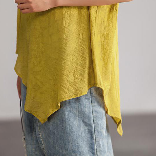 fashion linen blended blouse oversize Irregular Hem Women Summer Short Sleeve Casual Loose Yellow Blouse
