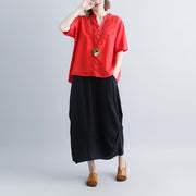 fashion linen blouse oversize Retro Short Sleeve Embroidery High-low Hem Red Tops