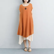Mode-Leinen-Sommerkleid plus Größe Falsches zweiteiliges, kurzärmliges, orangefarbenes, schlichtes Kleid