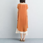 Mode-Leinen-Sommerkleid plus Größe Falsches zweiteiliges, kurzärmliges, orangefarbenes, schlichtes Kleid