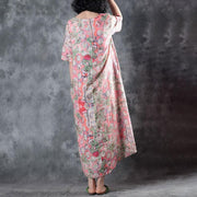 fashion linen sundress trendy plus size Retro V Neck Short Sleeve Printed Flax Pullover Dress