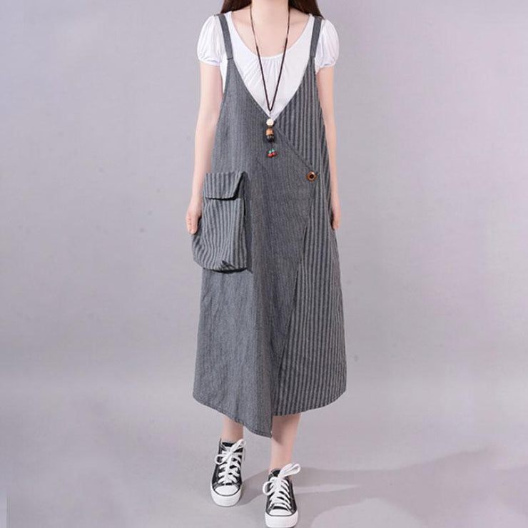 fashion long cotton blended dress Loose fitting Casual Summer Stripe Big Pocket Loose Suspender Gray Dress