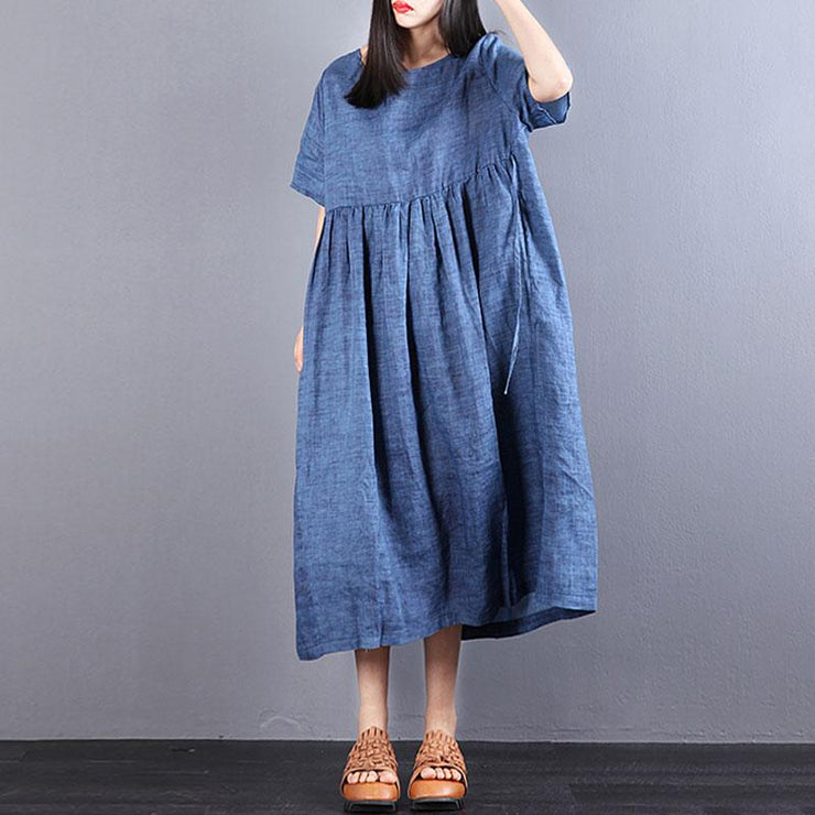 fashion long linen dresses oversize Loose Lacing Ramie Short Sleeve Blue Pleated Dress