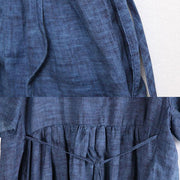 mode lange leinenkleider übergröße lose schnürung ramie kurzarm blau plissiertes kleid