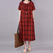 Mode natürliches Baumwollkleid plus Größe Gitter Rundhals Kurzarm rotes Baumwollkleid
