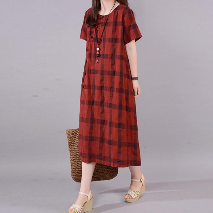 Mode natürliches Baumwollkleid plus Größe Gitter Rundhals Kurzarm rotes Baumwollkleid