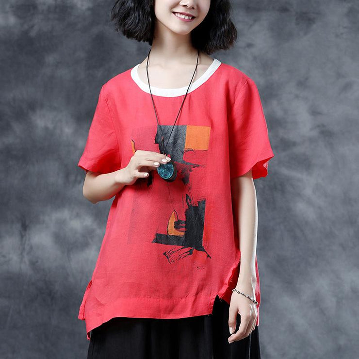 fashion natural cotton linen t shirt oversize Summer Short Sleeve Loose Red Casual Shirts