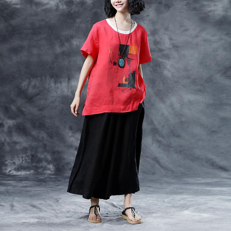 fashion natural cotton linen t shirt oversize Summer Short Sleeve Loose Red Casual Shirts