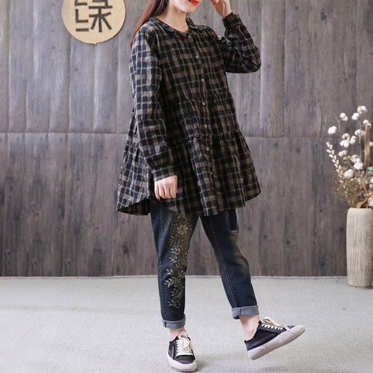 fashion natural cotton linen t shirt plus size Loose Polo Collar Plaid Shirt Single Breasted Black Top