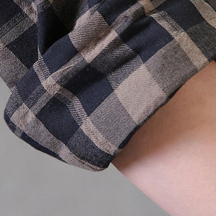 Mode natürliches Baumwoll-Leinen-T-Shirt plus Größe Loses Polokragen-kariertes Hemd Einreihiges schwarzes Oberteil