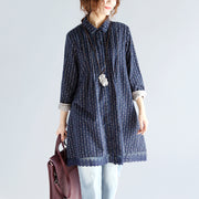 fashion navy print Midi cotton pullover oversize New long sleeve Cinched Turn-down Collar lace cotton blouses