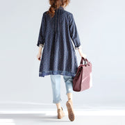 fashion navy print Midi cotton pullover oversize New long sleeve Cinched Turn-down Collar lace cotton blouses