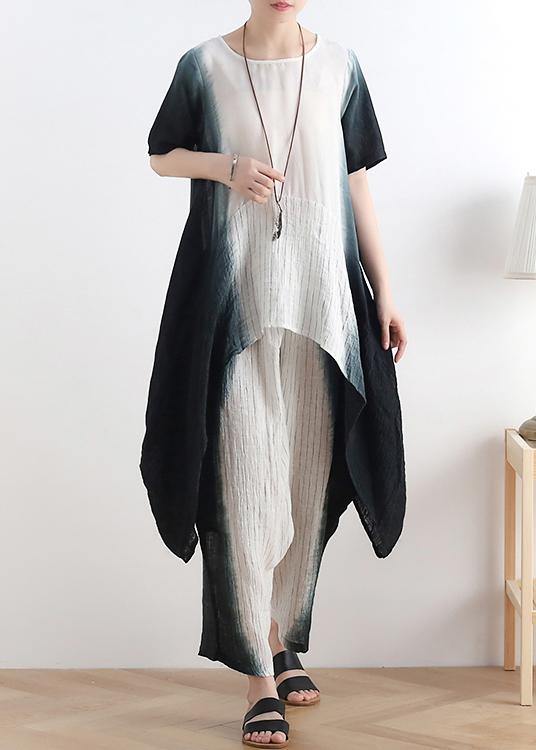 fashion new black o neck patchwork tops +elastic waist wide leg pants two pieces - SooLinen