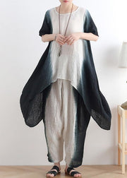 fashion new black o neck patchwork tops +elastic waist wide leg pants two pieces - SooLinen